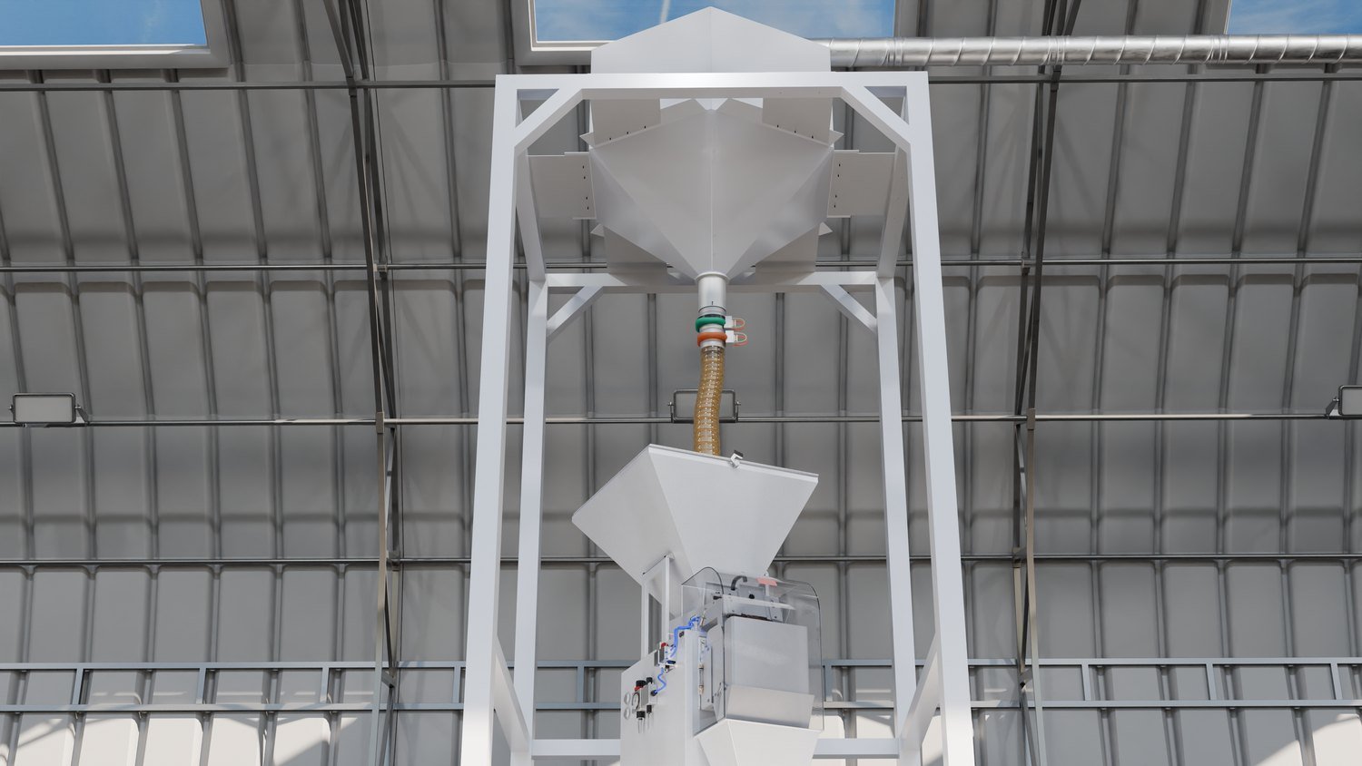 XJENINGS hexagonal feeding hopper mounted on a frame inside a facility