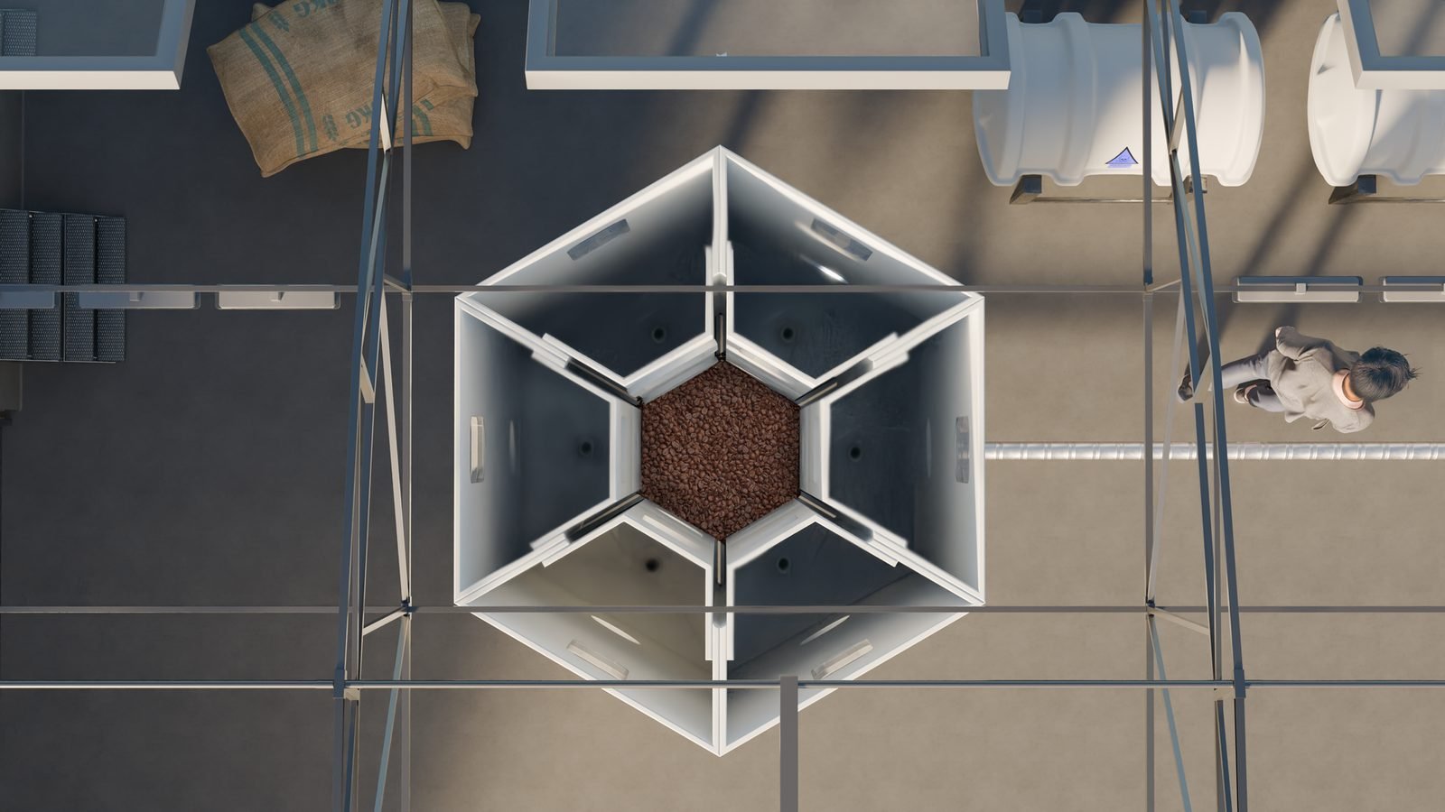 Hexagonal arrangement of six XJENINGS silos around a central coffee store, viewed from above in a production facility